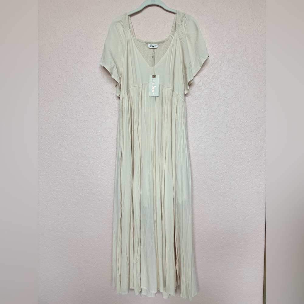 PinkBlush In Loom Cream V-Neck Flutter Sleeve Maternity Midi Dress